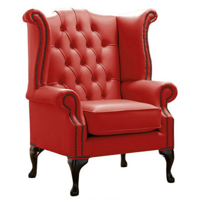 Chesterfield High Back Wing Chair Shelly Flame Red Leather Bespoke In Queen Anne Style - image 1