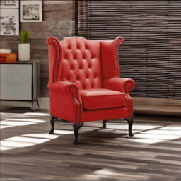 Chesterfield High Back Wing Chair Shelly Flame Red Leather Bespoke In Queen Anne Style - thumbnail 2