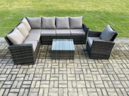 Fimous 7 Seater Outdoor Furniture Garden Dining Set Rattan Corner Sofa Set With Square Coffee Table Armchair Dark Grey Mixed - thumbnail 2