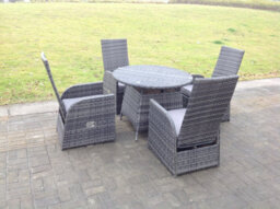 Fimous Dark Grey Outdoor Wicker Rattan Garden Furniture Reclining Chair And Table Dining Sets 4 Seater Round Table For Balcony - thumbnail 3