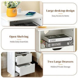 Bedside Table With 2 Drawer Bedside Cabinet Storage Side W/ Charging Station - thumbnail 6