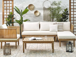 Beliani Garden Lounge Set With Table 4 Seater Cremona Left Hand Acacia Wood Off-White - thumbnail 2