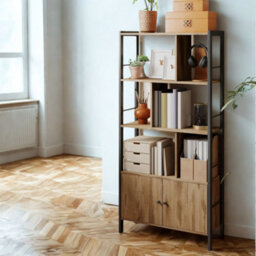 FURNOLD Industrial Bookcase Storage Cabinet Shelving Unit Rustic Oak - thumbnail 4
