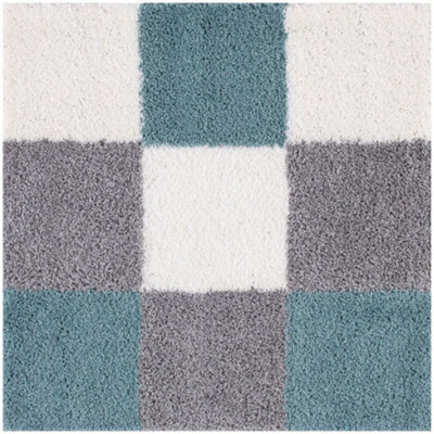 The Rugs Duck Egg Blue Grey And Ivory Soft Checkerboard Design Fluffy Shaggy Rugs And Runners High Pile Living Room Kitchen Hallway 381 - image 1