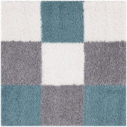 The Rugs Duck Egg Blue Grey And Ivory Soft Checkerboard Design Fluffy Shaggy Rugs And Runners High Pile Living Room Kitchen Hallway 381 - thumbnail 1