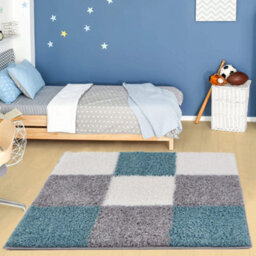 The Rugs Duck Egg Blue Grey And Ivory Soft Checkerboard Design Fluffy Shaggy Rugs And Runners High Pile Living Room Kitchen Hallway 381 - thumbnail 2