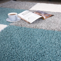 The Rugs Duck Egg Blue Grey And Ivory Soft Checkerboard Design Fluffy Shaggy Rugs And Runners High Pile Living Room Kitchen Hallway 381 - thumbnail 5