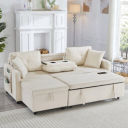 Matteo Beige L-Shaped Convertible Sofa Bed: Reversible Chaise, Storage, Drop-Down Table & Usb/type-C Charging