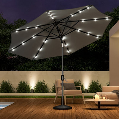 Living And Home 3M Large Garden Solar 24 Led Lights Parasol Outdoor Beach Umbrella Sun Shade Crank Tilt With Round Base, Dark Grey - image 1