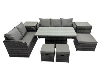 Fimous Rattan Garden Furniture Set 8-Seater Patio Height Adjustable Rising Lifting Table Sofa Set With 3 Footstools 2 Side Tables - image 1