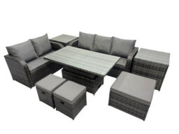 Fimous Rattan Garden Furniture Set 8-Seater Patio Height Adjustable Rising Lifting Table Sofa Set With 3 Footstools 2 Side Tables - thumbnail 2