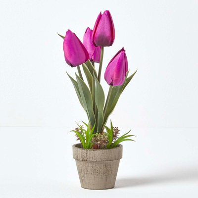 Homescapes Artificial Dark Purple Handcrafted Tulips In Grey Decorative Stone Pot, 27 Cm - image 1