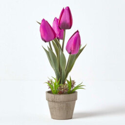 Homescapes Artificial Dark Purple Handcrafted Tulips In Grey Decorative Stone Pot, 27 Cm