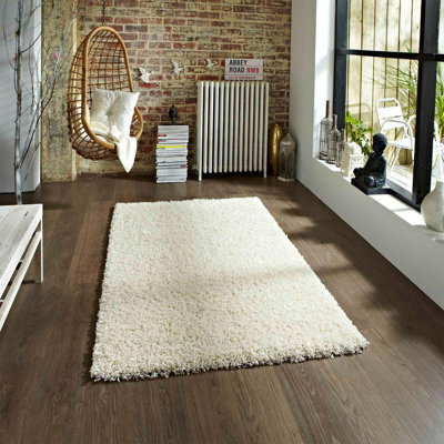 Cream Solid Plain Shaggy Machine Made Easy To Clean Rug For Living Room Bedroom And Dining Room-133Cm (Circle)