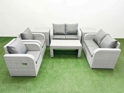 Fimous 6 Seater Outdoor Reclining Chair Love Sofa Set Rattan Garden Furniture Set Oblong Coffee Table 2 Side Tables Light Grey - image 1