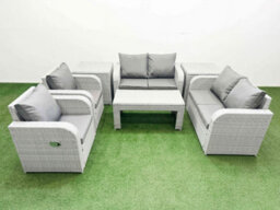 Fimous 6 Seater Outdoor Reclining Chair Love Sofa Set Rattan Garden Furniture Set Oblong Coffee Table 2 Side Tables Light Grey - thumbnail 1