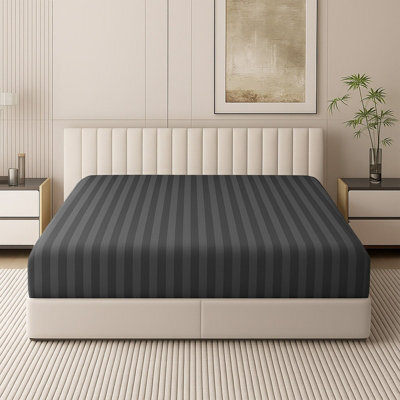 Oxford Homeware Charcoal Satin Stripe Fitted Sheet 40Cm Extra Deep Pocket Soft Easy Care Bedding Sheet (W)152Cmx(L)200Cm (King) - image 1