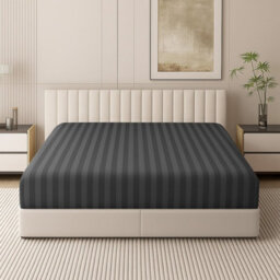 Oxford Homeware Charcoal Satin Stripe Fitted Sheet 40Cm Extra Deep Pocket Soft Easy Care Bedding Sheet (W)152Cmx(L)200Cm (King)