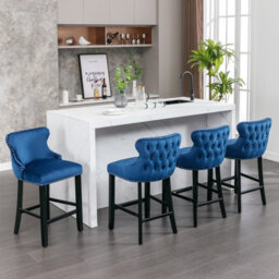 HomeTouch Set Of 4 Contemporary Velvet Upholstered Wing-Back Barstools Blue