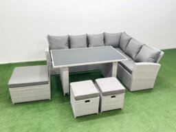 Fimous Outdoor Garden Furniture Sets 9 Seater Wicker Rattan Corner Sofa Sets With Rectangular Dining Table 3 Footstools Light Grey