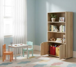 Biznest 3 Open Shelf Tier Bookcase Solid Oak Wood Finish Storage Unit Freestanding Concealed Cupboard 2 Doors Display 120X58X29Cm - thumbnail 5