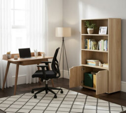 Biznest 3 Open Shelf Tier Bookcase Solid Oak Wood Finish Storage Unit Freestanding Concealed Cupboard 2 Doors Display 120X58X29Cm - thumbnail 4