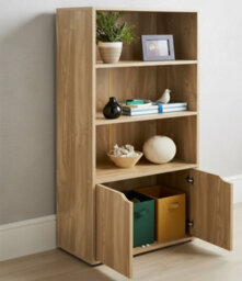 Biznest 3 Open Shelf Tier Bookcase Solid Oak Wood Finish Storage Unit Freestanding Concealed Cupboard 2 Doors Display 120X58X29Cm