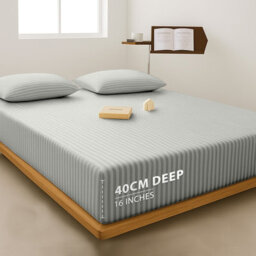 Imperial Rooms Deep Fit 40Cm Satin Stripe Fitted Sheet Microfiber Soft Bedding Sheets Silver King - thumbnail 1