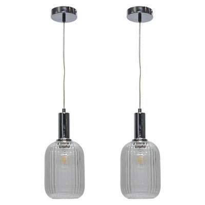 First Choice Lighting Set Of 2 Batley - Clear Ribbed Glass Chrome Deco Pendant Fittings - image 1