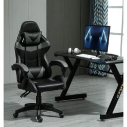 Grey Faux Leather Swivel Gaming Chair Desk Tilt Chair - thumbnail 1