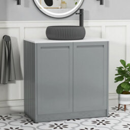 Royal Bathrooms Royal Bathroom Elmore 800mm Matt Pebble Grey Freestanding Bathroom Vanity Unit 2 Door Plain White Worktop With Milan Black Basin - thumbnail 1