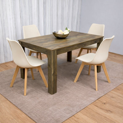 Kosy Koala Modern Rustic Effect Wood Dining Table With 4 Cream Plastic Chairs Dining Room Furniture - image 1