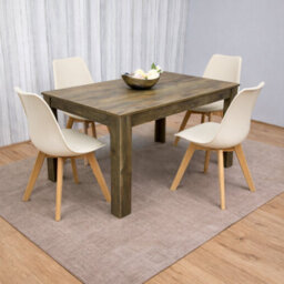 Kosy Koala Modern Rustic Effect Wood Dining Table With 4 Cream Plastic Chairs Dining Room Furniture