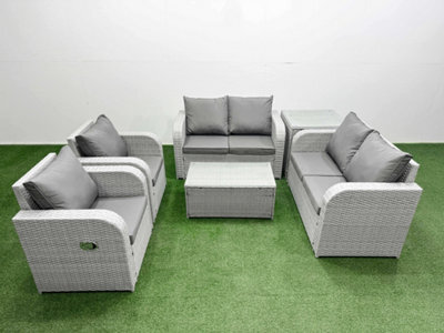 Fimous 6 Seater Outdoor Reclining Chair Love Sofa Set Rattan Garden Furniture Set Rectangular Coffee Table Side Table Light Grey - image 1