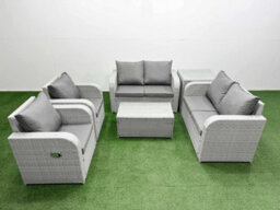 Fimous 6 Seater Outdoor Reclining Chair Love Sofa Set Rattan Garden Furniture Set Rectangular Coffee Table Side Table Light Grey - thumbnail 2
