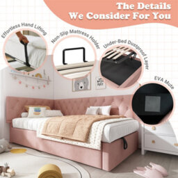 Abrihome Daybed Upholstered Bed With Storage, Ottoman Bed, 3Ft Single Sofa Bed 90 X 190 Cm, Metal Slatted Bed Frame, Velvet, Pink - thumbnail 3