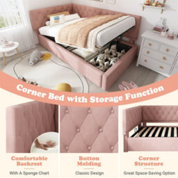 Abrihome Daybed Upholstered Bed With Storage, Ottoman Bed, 3Ft Single Sofa Bed 90 X 190 Cm, Metal Slatted Bed Frame, Velvet, Pink - thumbnail 5