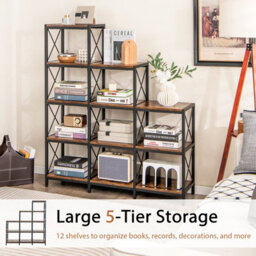 Gainoom 5-Tier Brown Bookshelf 9 Cubes Bookcase With Carbon Steel Frame - thumbnail 4
