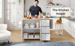 Btm Kitchen Island On Wheels, Rolling Storage Trolley, Foldable Top, 3 Drawers, 2 Doors, 135X44(70)X90Cm White And Natural - thumbnail 6