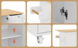 Btm Kitchen Island On Wheels, Rolling Storage Trolley, Foldable Top, 3 Drawers, 2 Doors, 135X44(70)X90Cm White And Natural - thumbnail 5