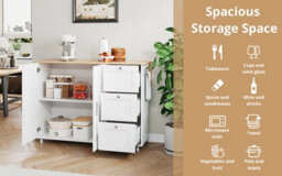 Btm Kitchen Island On Wheels, Rolling Storage Trolley, Foldable Top, 3 Drawers, 2 Doors, 135X44(70)X90Cm White And Natural - thumbnail 4