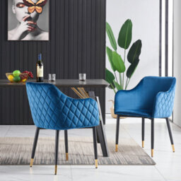 Life Interiors Single Blue Verona Velvet Dining Chair With Quilted Back & Black Legs - Modern Accent Chair With Gold Foot Tips - thumbnail 6