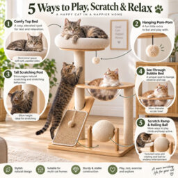 GardenSkill Cat Tree For Indoor Cats 96Cm - Sisal Cat Scratching Post & Multi-Level Activity Tower With Perch, Ramp, Hammock Bed & Ball Toy - thumbnail 4