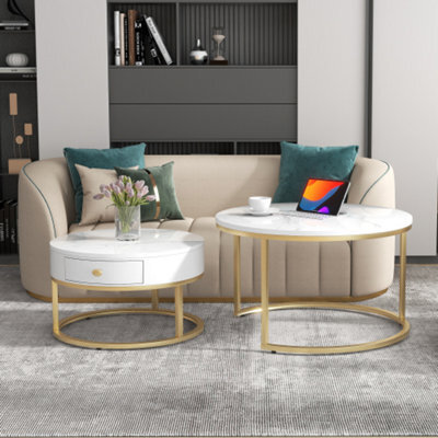 Btm Set Of 2 Round Coffee Tables With Drawers Nesting Tables With Gold Metal Frame And Marble Pattern Top For Living Room - image 1