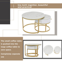 Btm Set Of 2 Round Coffee Tables With Drawers Nesting Tables With Gold Metal Frame And Marble Pattern Top For Living Room - thumbnail 8