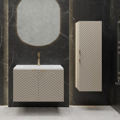 Impact Furniture Bathroom Furniture Wall Hung Cabinets Set Beige 800mm Vanity Sink Unit With Basin And Tallboy Ribbed Fluted Beige Cashmere Cara - image 1