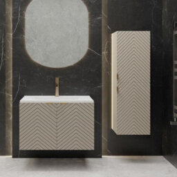 Impact Furniture Bathroom Furniture Wall Hung Cabinets Set Beige 800mm Vanity Sink Unit With Basin And Tallboy Ribbed Fluted Beige Cashmere Cara - thumbnail 1