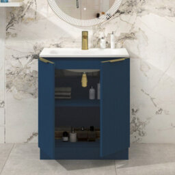Royal Bathrooms Evora 700mm Midnight Blue Fluted Floor Standing Bathroom Vanity Unit 2 Door Cabinet With Stone Basin & Brushed Brass Handles - thumbnail 3