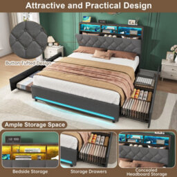 Btm 4Ft6 Double Velvet Bed With Hydraulic Storage, Usb & Directional Lamp, Wide Headboard, Grey (No Mattress) - thumbnail 6