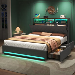 Btm 4Ft6 Double Velvet Bed With Hydraulic Storage, Usb & Directional Lamp, Wide Headboard, Grey (No Mattress) - thumbnail 3